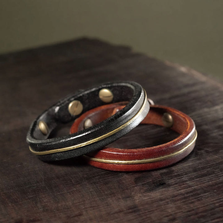 Bracelet de guérison vintage en cuir et fil de cuivre et laiton Buddha Stones