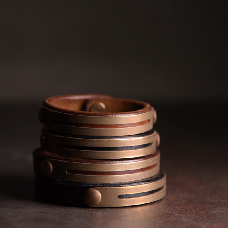 Bracelet jonc d'équilibre en cuir et laiton avec Buddha Stones vintage