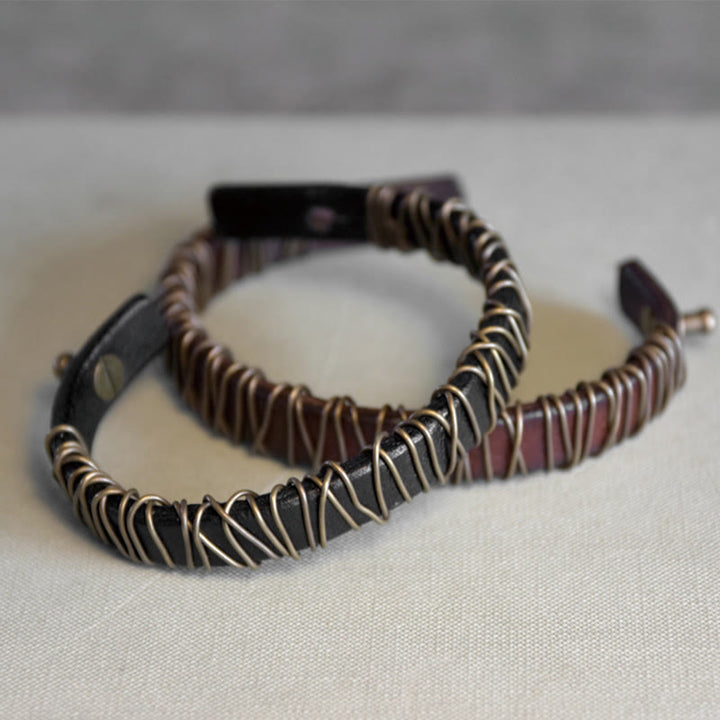 Bracelet d'équilibre en cuir et laiton avec Buddha Stones vintage