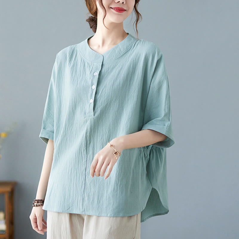 Chemise en coton et lin à manches courtes et col rond pour femme Buddha Stones - image 4