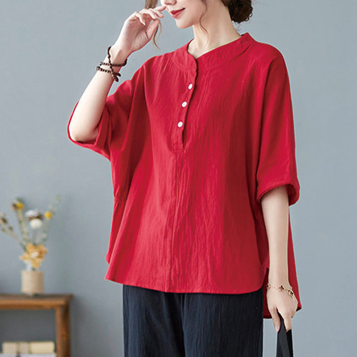 Chemise en coton et lin à manches courtes et col rond pour femme Buddha Stones - Rouge - US6，UK/AU10，EU38 (XL) - image 21