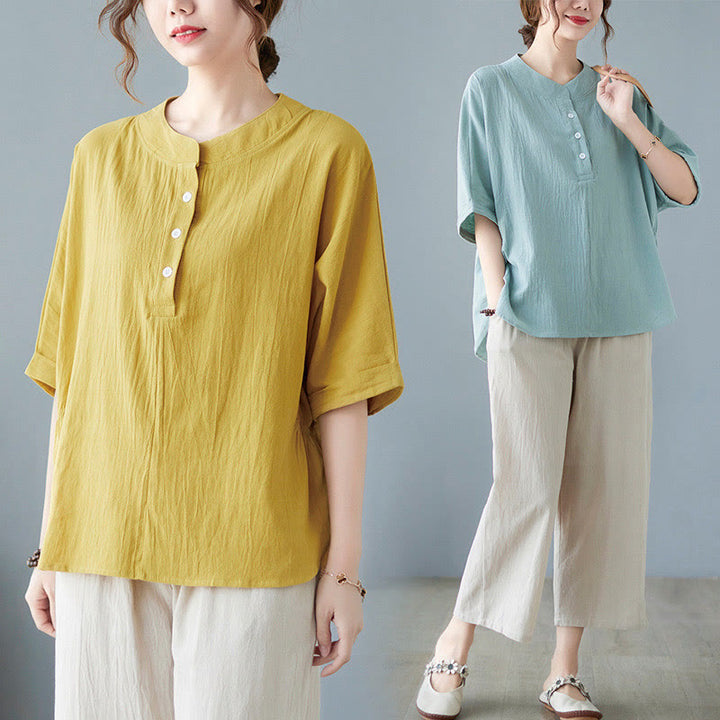 Chemise en coton et lin à manches courtes et col rond pour femme Buddha Stones - image 28