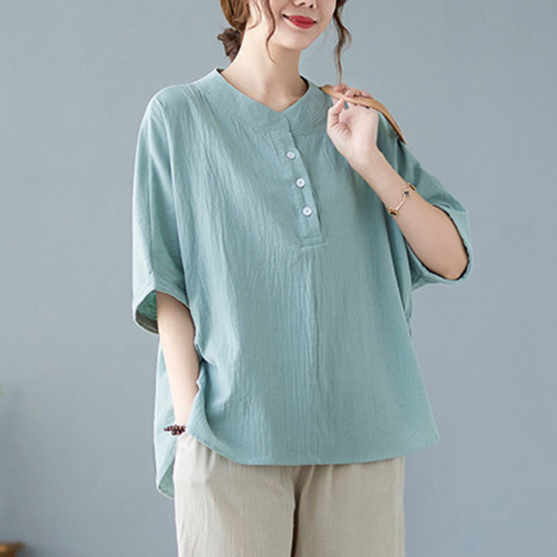 Chemise en coton et lin à manches courtes et col rond pour femme Buddha Stones - image 1