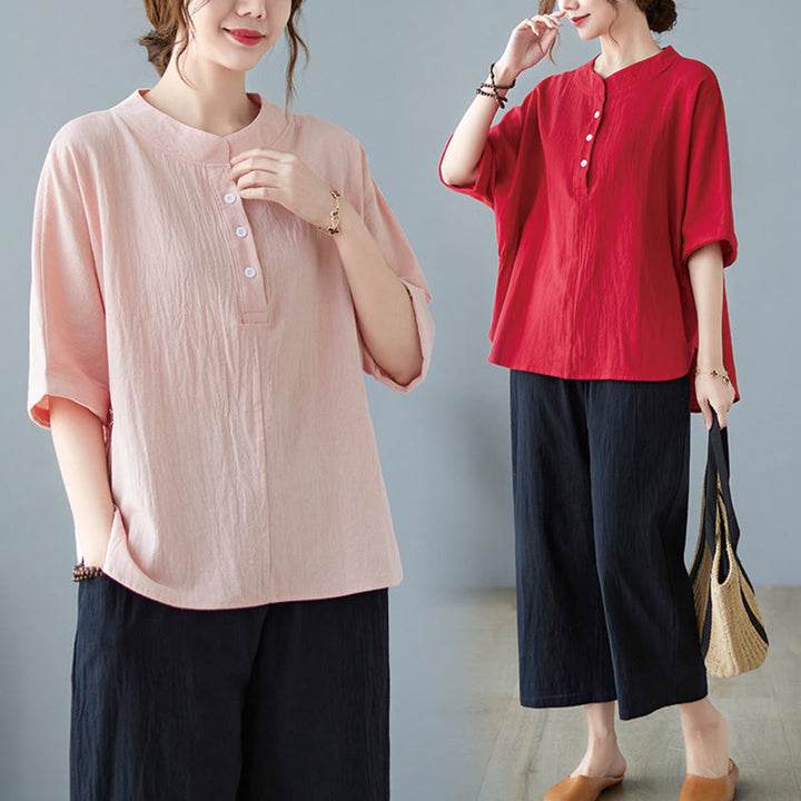 Chemise en coton et lin à manches courtes et col rond pour femme Buddha Stones - image 27