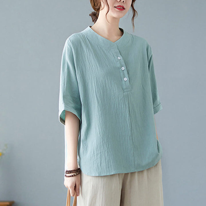 Chemise en coton et lin à manches courtes et col rond pour femme Buddha Stones - image 3