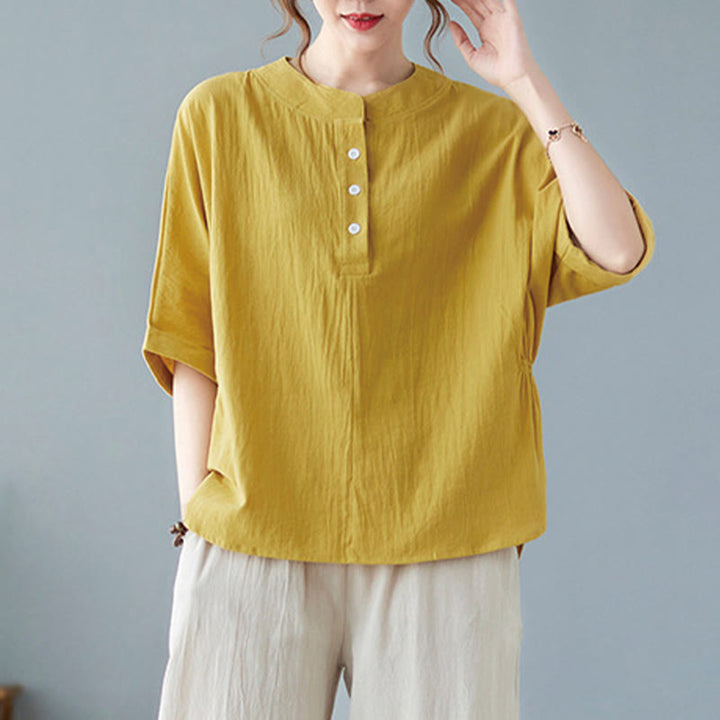 Chemise en coton et lin à manches courtes et col rond pour femme Buddha Stones - image 15