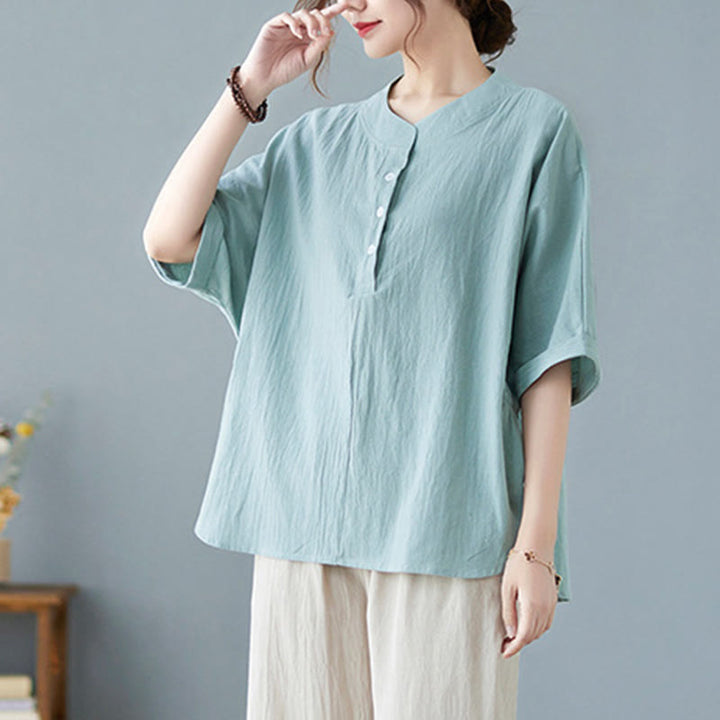 Chemise en coton et lin à manches courtes et col rond pour femme Buddha Stones - image 5