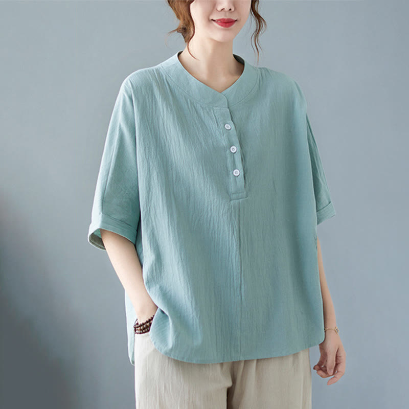 Chemise en coton et lin à manches courtes et col rond pour femme Buddha Stones - Bleu poudre - US6，UK/AU10，EU38 (XL) - image 0