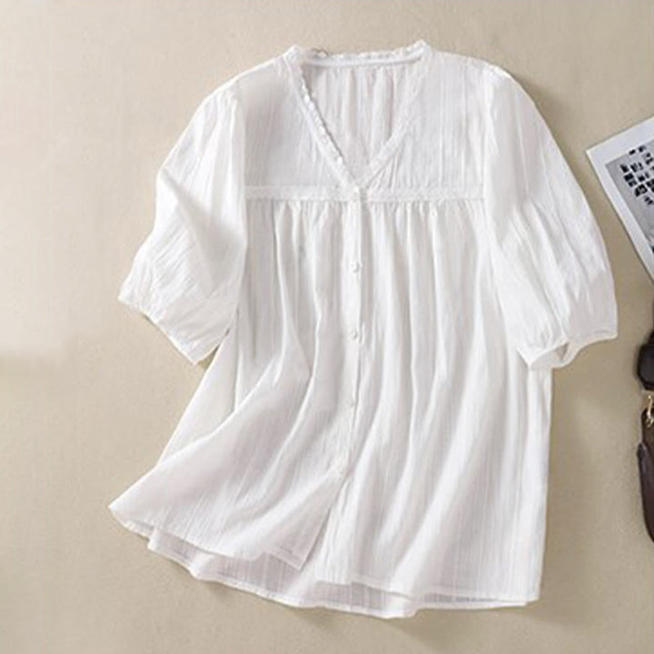 Chemise en coton à manches courtes et col en V en dentelle blanche pure pour femme de Buddha Stones - image 4