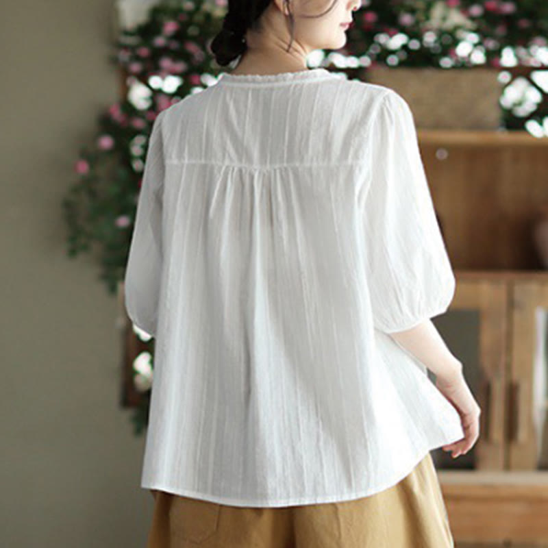 Chemise en coton à manches courtes et col en V en dentelle blanche pure pour femme de Buddha Stones - image 2