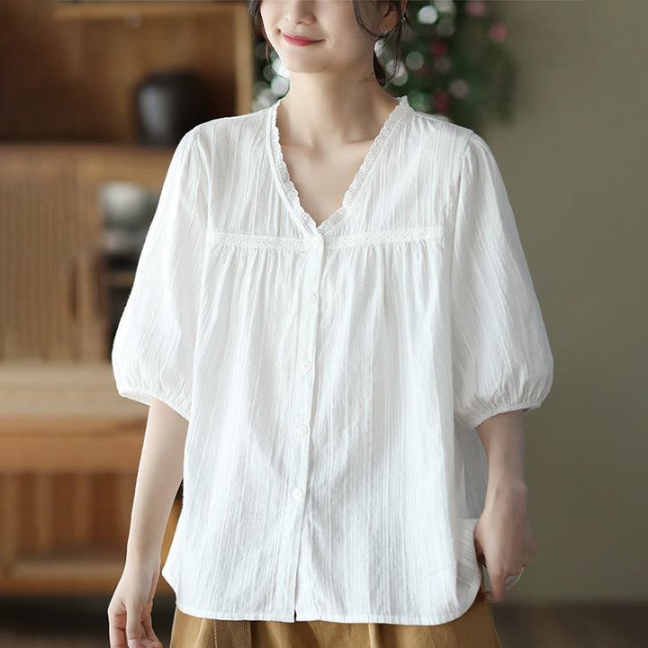 Chemise en coton à manches courtes et col en V en dentelle blanche pure pour femme de Buddha Stones - image 8