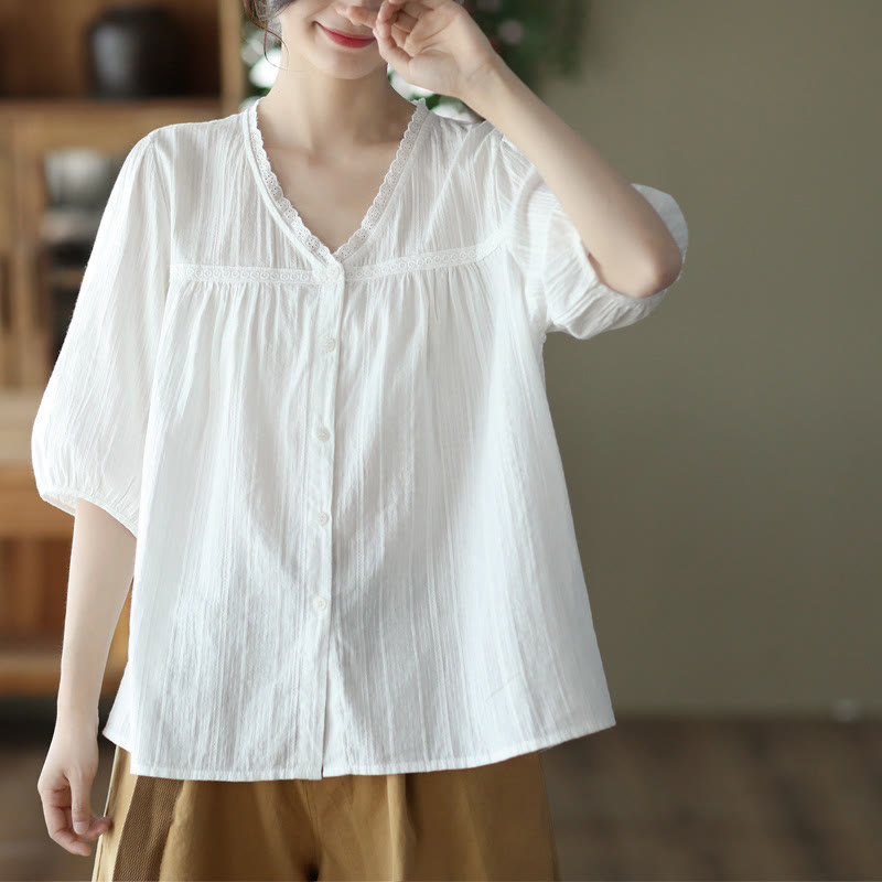 Chemise en coton à manches courtes et col en V en dentelle blanche pure pour femme de Buddha Stones - image 10