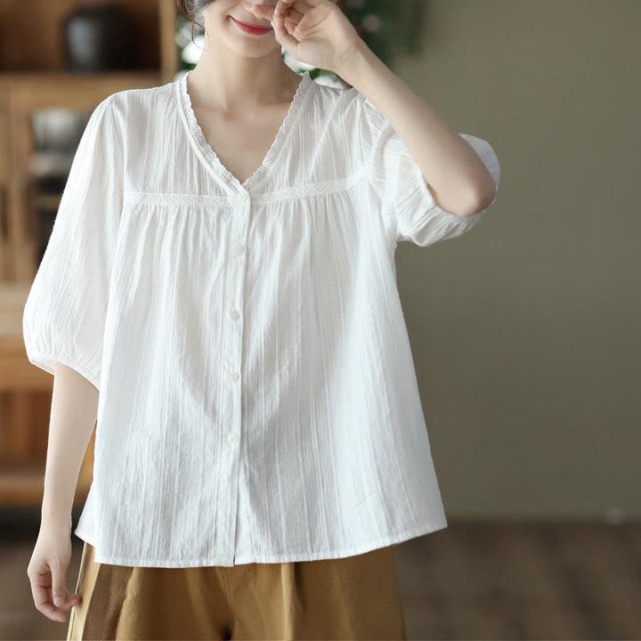 Chemise en coton à manches courtes et col en V en dentelle blanche pure pour femme de Buddha Stones - image 10