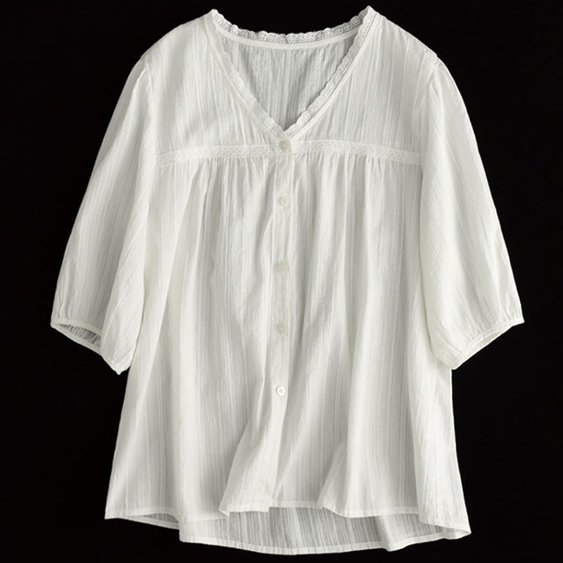Chemise en coton à manches courtes et col en V en dentelle blanche pure pour femme de Buddha Stones - image 11