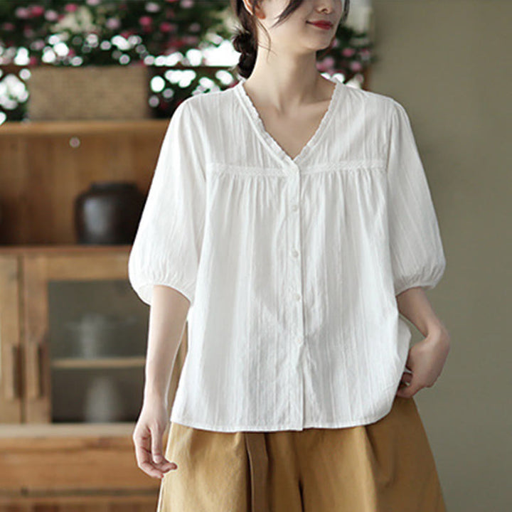 Chemise en coton à manches courtes et col en V en dentelle blanche pure pour femme de Buddha Stones - image 9