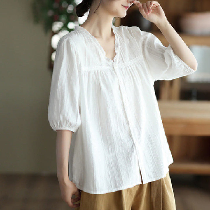 Chemise en coton à manches courtes et col en V en dentelle blanche pure pour femme de Buddha Stones - Blanc - US8-10，UK/AU12-14，EU40-42 (2XL) - image 0