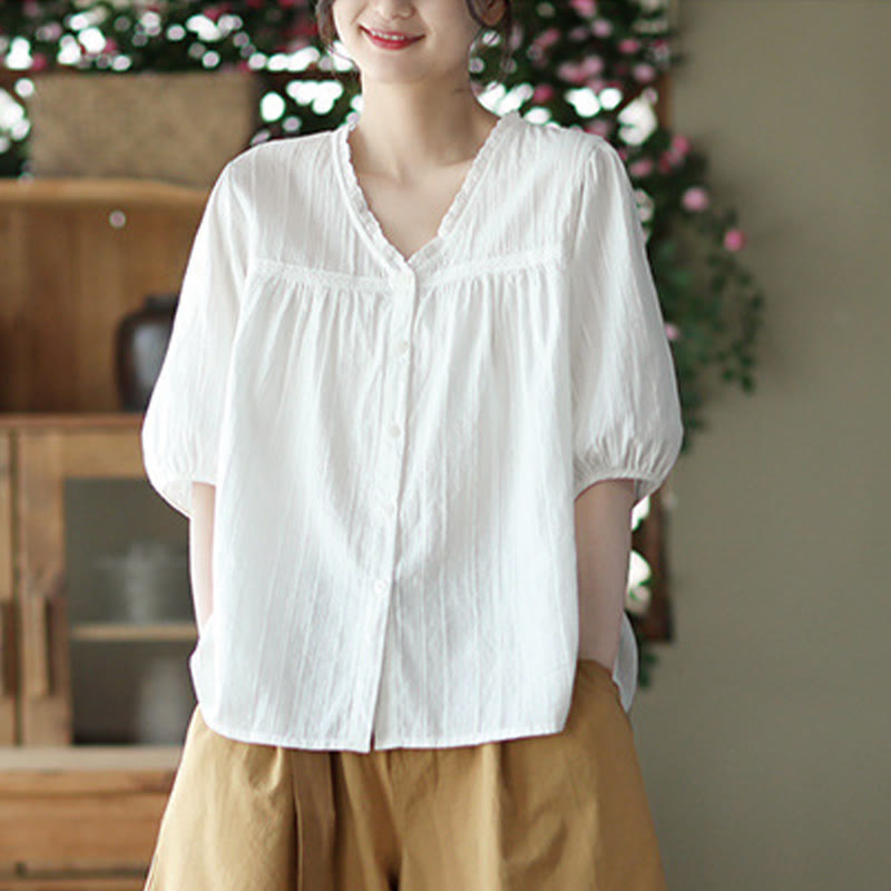 Chemise en coton à manches courtes et col en V en dentelle blanche pure pour femme de Buddha Stones - image 1