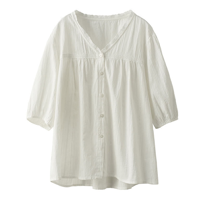Chemise en coton à manches courtes et col en V en dentelle blanche pure pour femme de Buddha Stones - image 12