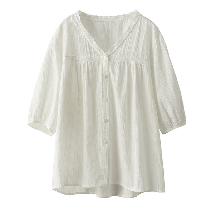 Chemise en coton à manches courtes et col en V en dentelle blanche pure pour femme de Buddha Stones - image 12