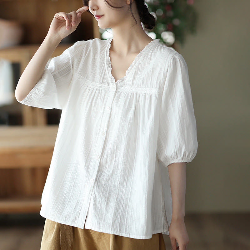 Chemise en coton à manches courtes et col en V en dentelle blanche pure pour femme de Buddha Stones - image 3