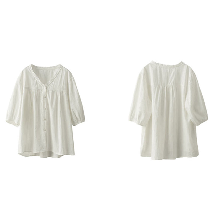 Chemise en coton à manches courtes et col en V en dentelle blanche pure pour femme de Buddha Stones - image 13