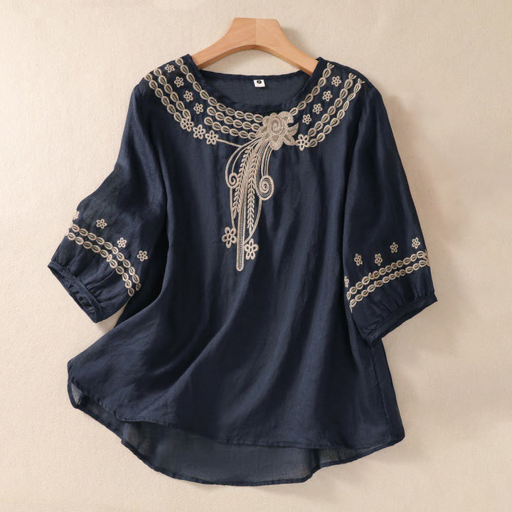 Chemise en coton et lin à manches courtes et col ras du cou pour femme Buddha Stones