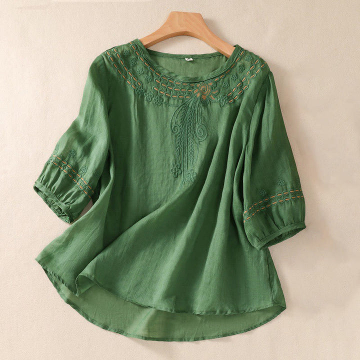 Chemise en coton et lin à manches courtes et col ras du cou pour femme Buddha Stones