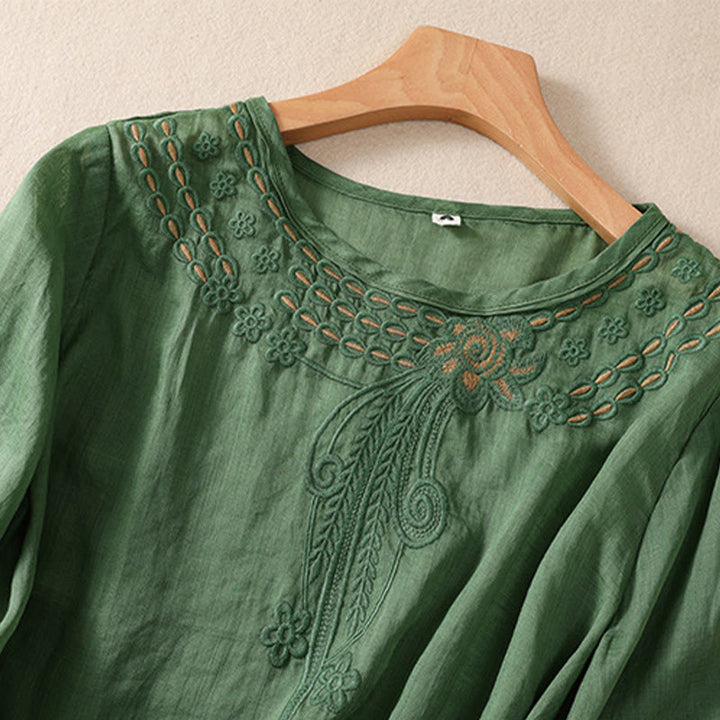 Chemise en coton et lin à manches courtes et col ras du cou pour femme Buddha Stones