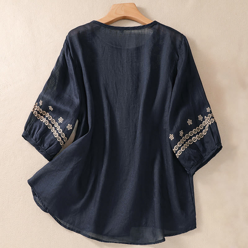 Chemise en coton et lin à manches courtes et col ras du cou pour femme Buddha Stones