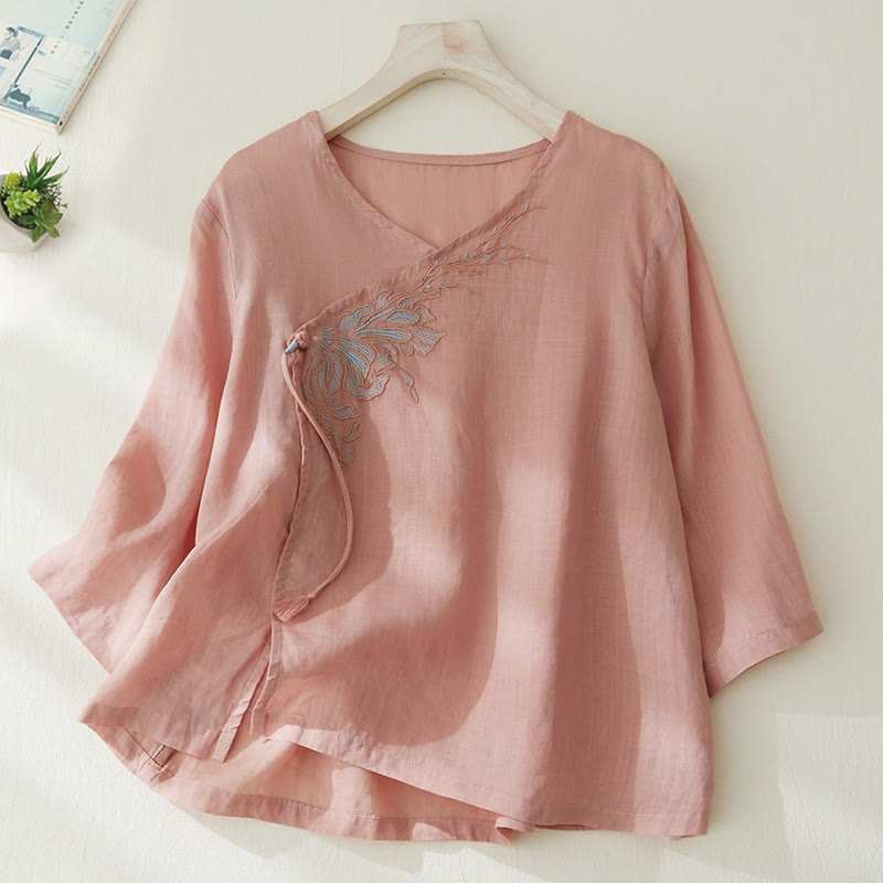 Chemise à manches trois-quarts pour femme, style décontracté, avec broderie de plantes et motifs de Buddha Stones - MistyRose - US8-10，UK/AU12-14，EU40-42 (2XL) - image 0