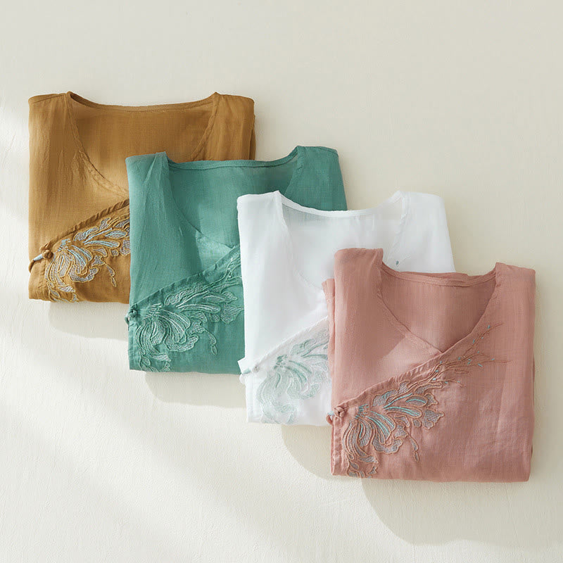 Chemise décontractée en coton et lin à manches trois-quarts pour femme avec broderies de plantes et Buddha Stones - image 27
