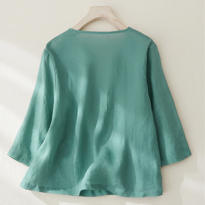 Chemise décontractée en coton et lin à manches trois-quarts pour femme avec broderies de plantes et Buddha Stones - image 22