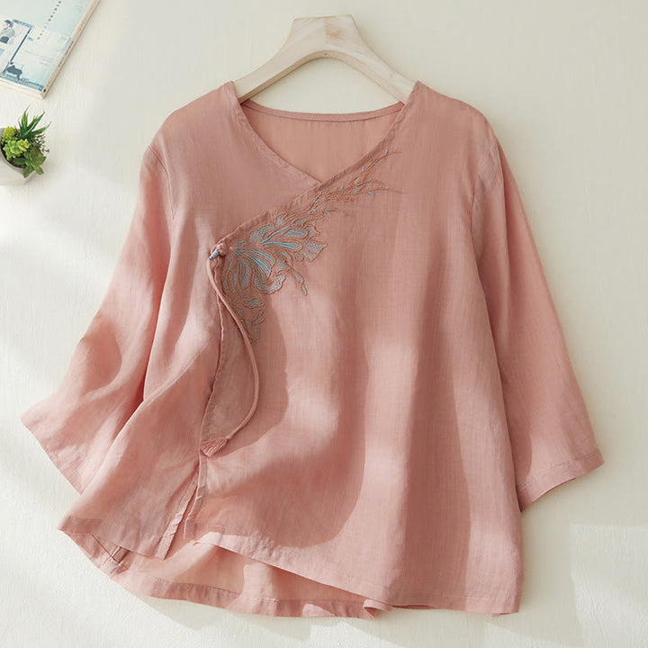 Chemise décontractée en coton et lin à manches trois-quarts pour femme avec broderies de plantes et Buddha Stones - MistyRose - US8-10，UK/AU12-14，EU40-42 (2XL) - image 1