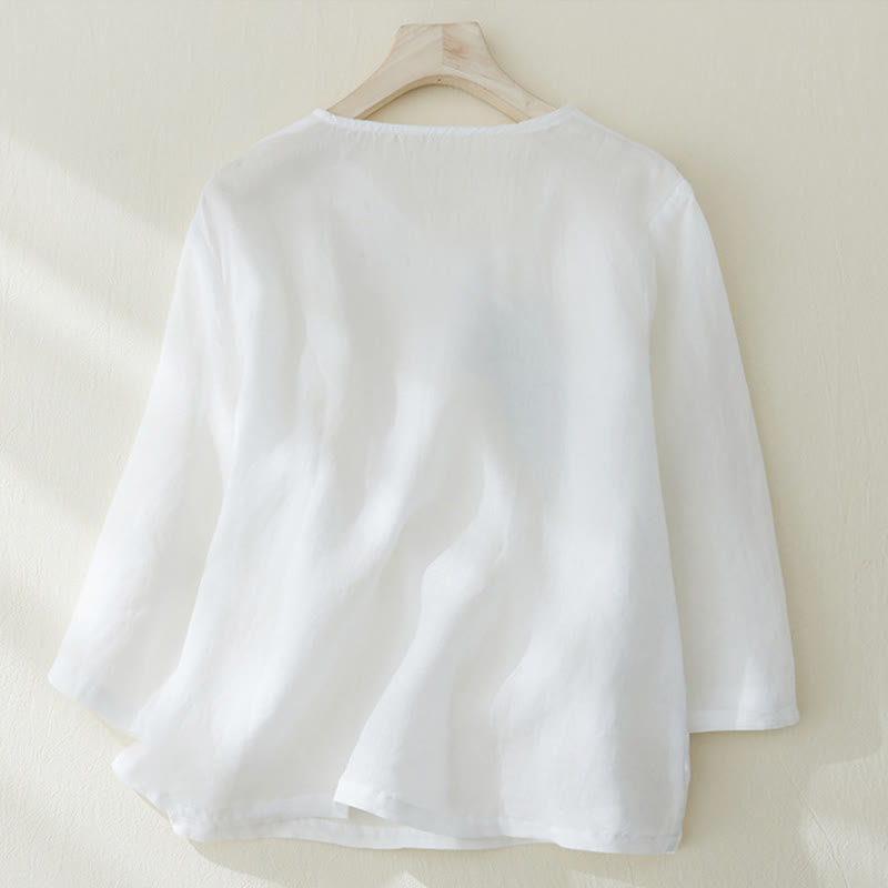 Chemise décontractée en coton et lin à manches trois-quarts pour femme avec broderies de plantes et Buddha Stones - image 8