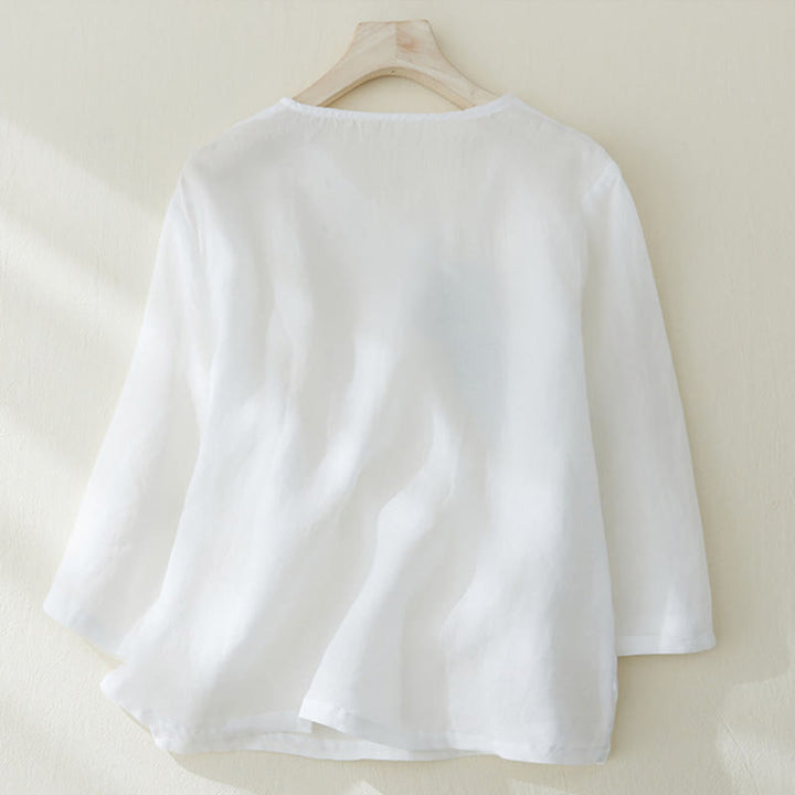 Chemise décontractée en coton et lin à manches trois-quarts pour femme avec broderies de plantes et Buddha Stones - image 8