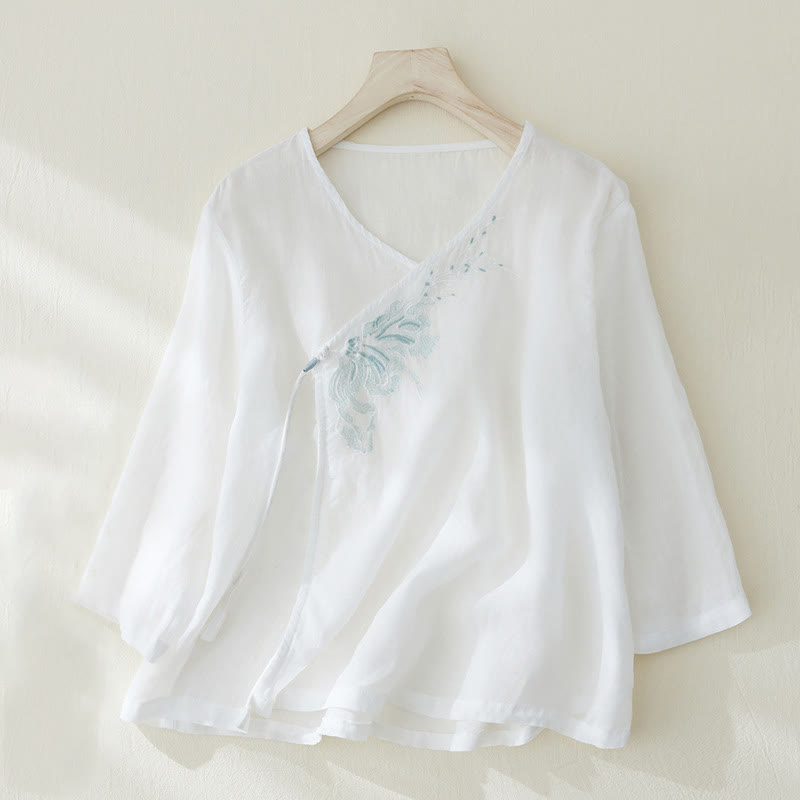 Chemise décontractée en coton et lin à manches trois-quarts pour femme avec broderies de plantes et Buddha Stones - Blanc - US8-10，UK/AU12-14，EU40-42 (2XL) - image 7