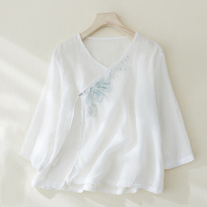 Chemise décontractée en coton et lin à manches trois-quarts pour femme avec broderies de plantes et Buddha Stones - Blanc - US8-10，UK/AU12-14，EU40-42 (2XL) - image 7