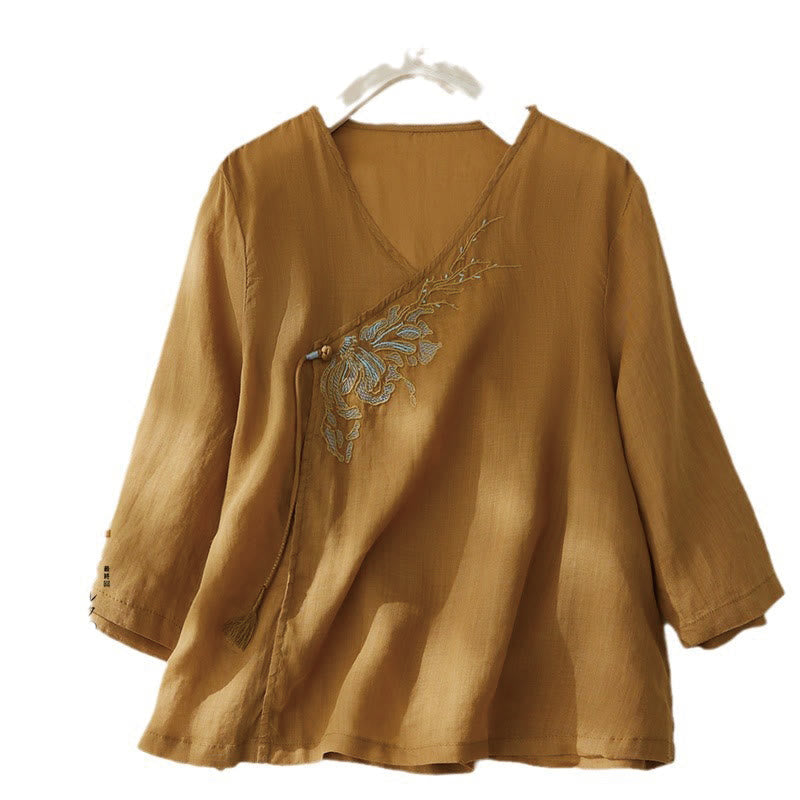 Chemise décontractée en coton et lin à manches trois-quarts pour femme avec broderies de plantes et Buddha Stones - Orange - US8-10，UK/AU12-14，EU40-42 (2XL) - image 14