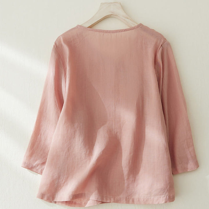 Chemise décontractée en coton et lin à manches trois-quarts pour femme avec broderies de plantes et Buddha Stones - image 2