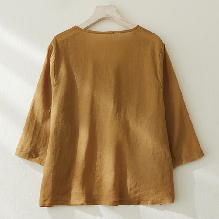 Chemise décontractée en coton et lin à manches trois-quarts pour femme avec broderies de plantes et Buddha Stones - image 14