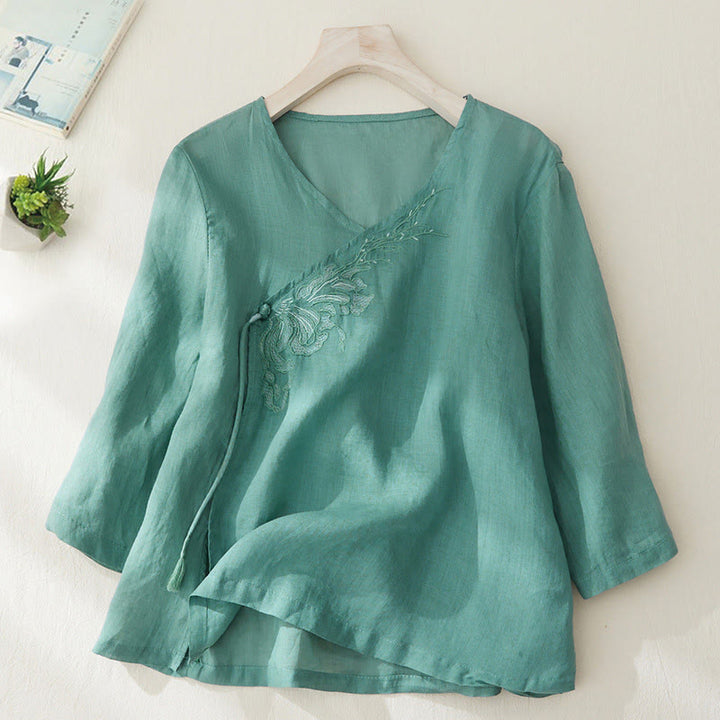 Chemise décontractée en coton et lin à manches trois-quarts pour femme avec broderies de plantes et Buddha Stones - Vert clair - US8-10，UK/AU12-14，EU40-42 (2XL) - image 21