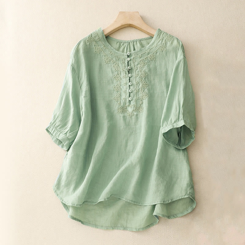 Chemise décontractée en coton et lin à manches mi-longues pour femme avec boucle en forme de grenouille et motif Buddha Stones - Vert pâle - US8-10，UK/AU12-14，EU40-42 (2XL) - image 19