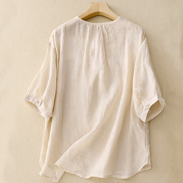Chemise décontractée en coton et lin à manches mi-longues pour femme avec boucle en forme de grenouille et motif Buddha Stones - image 7