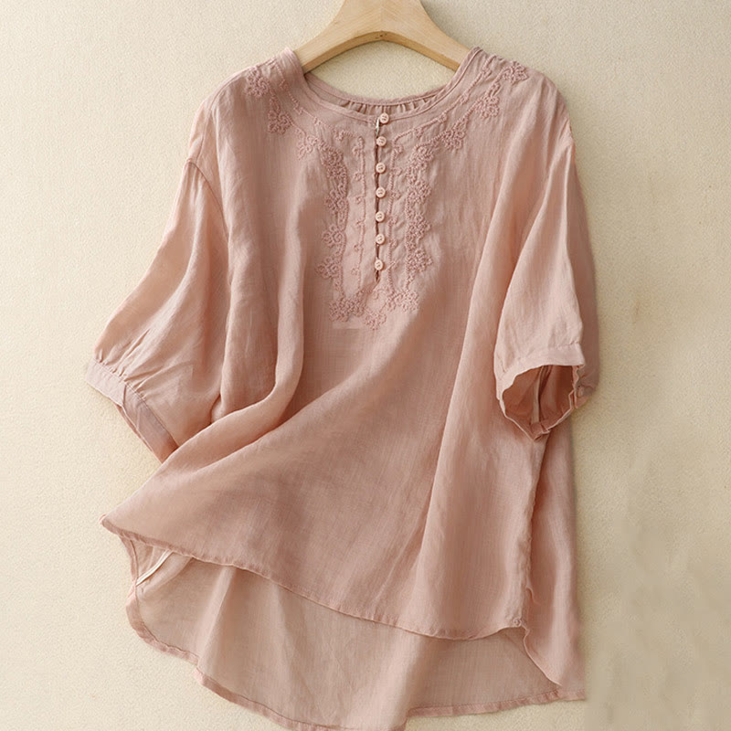 Chemise décontractée en coton et lin à manches mi-longues pour femme avec boucle en forme de grenouille et motif Buddha Stones - Rose - US8-10，UK/AU12-14，EU40-42 (2XL) - image 0