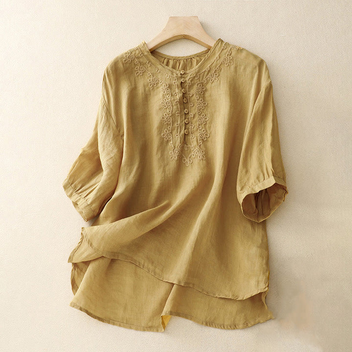 Chemise décontractée en coton et lin à manches mi-longues pour femme avec boucle en forme de grenouille et motif Buddha Stones - Verge d'or - US8-10，UK/AU12-14，EU40-42 (2XL) - image 13