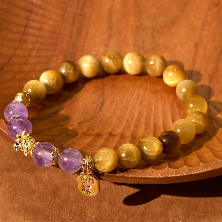 Bracelet de force de caractère Fu en Buddha Stones Année du serpent Oeil de tigre Améthyste