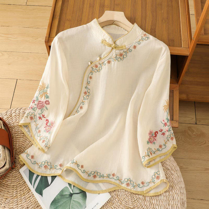 Chemise décontractée en coton et lin à manches trois-quarts pour femme avec col montant et broderie florale Buddha Stones