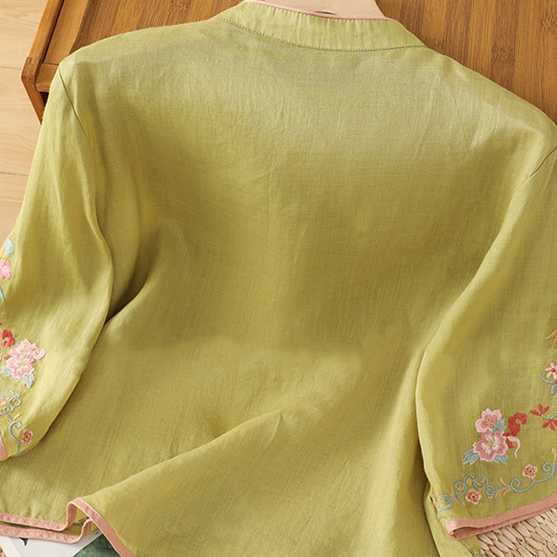 Chemise décontractée en coton et lin à manches trois-quarts pour femme avec col montant et broderie florale Buddha Stones