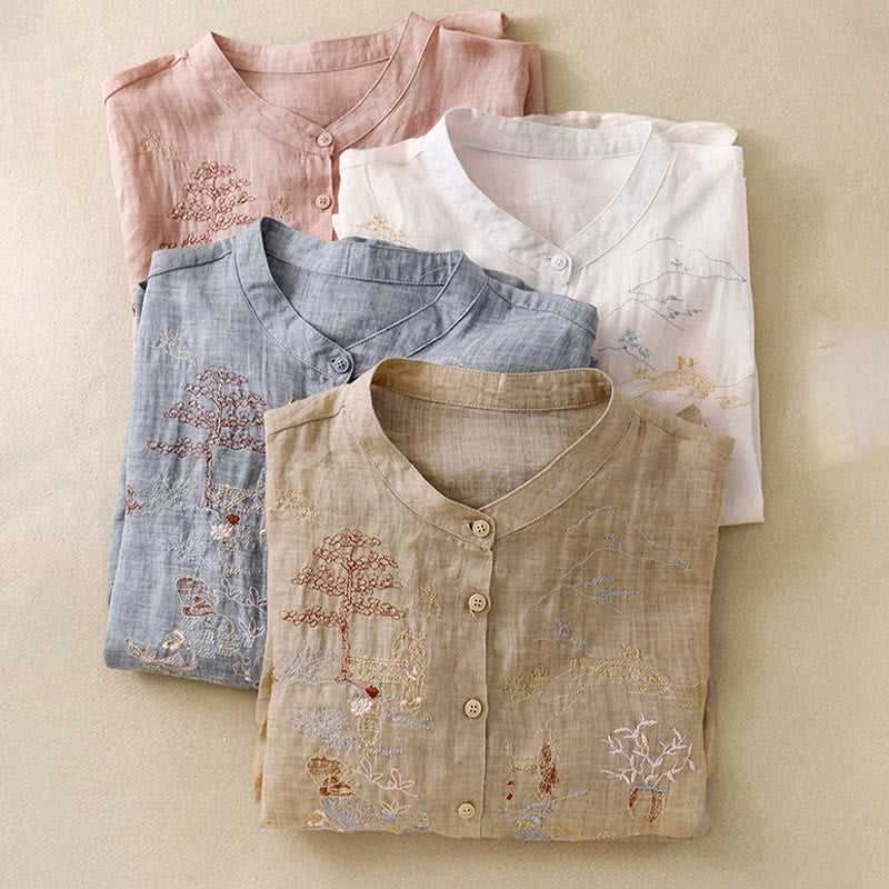 Chemise décontractée en coton et lin pour femme avec col montant et broderies de Buddha Stones