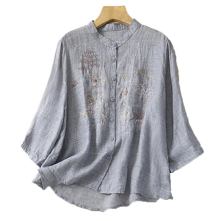 Chemise décontractée en coton et lin pour femme avec col montant et broderies de Buddha Stones